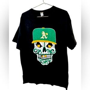 Retro Black Oakland A’s Athletics Baseball Sugar Skull Men’s XL T-Shirt RARE